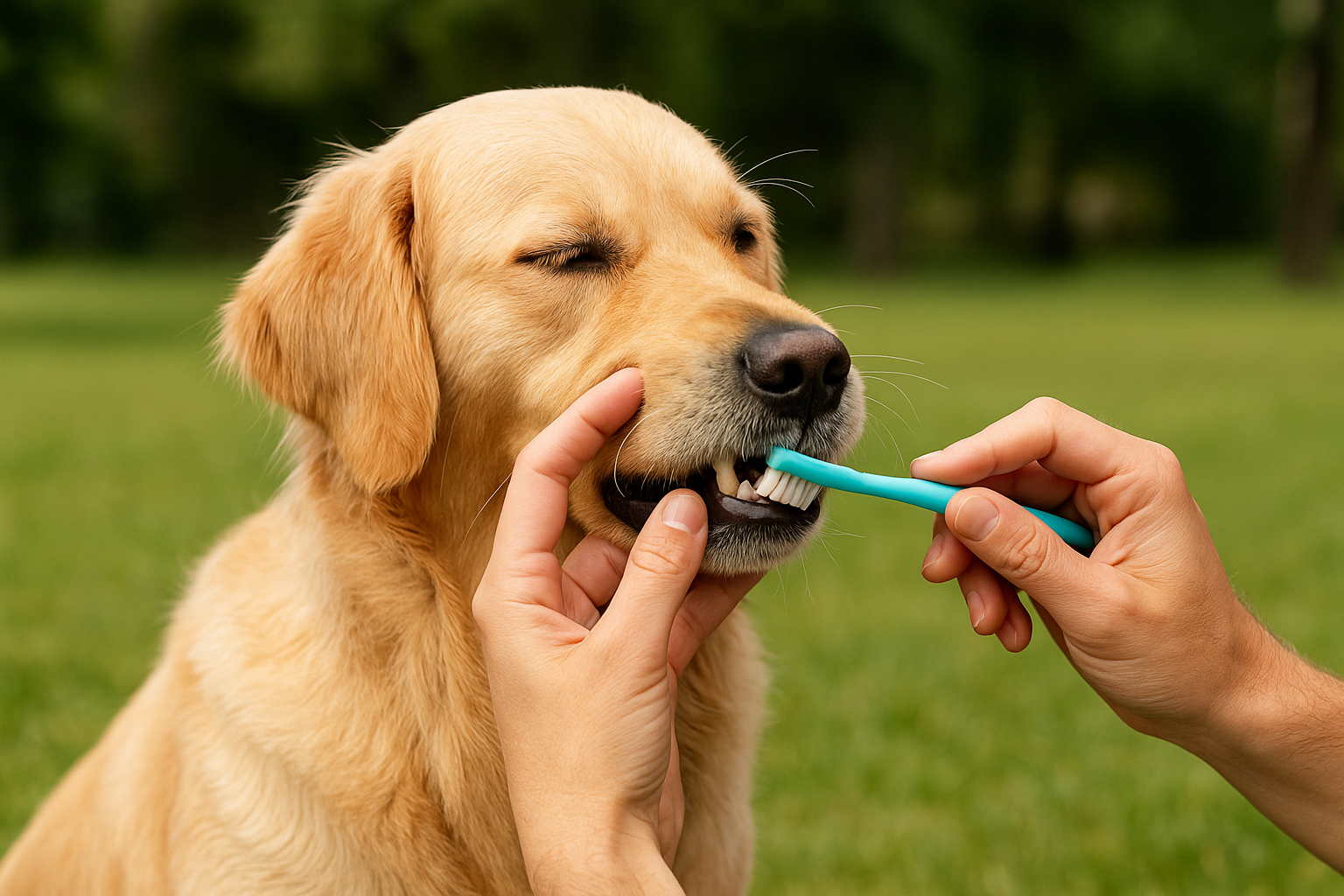 alt="Владелец чистит зубы питомцу пастой VETIQ Denti-Care"